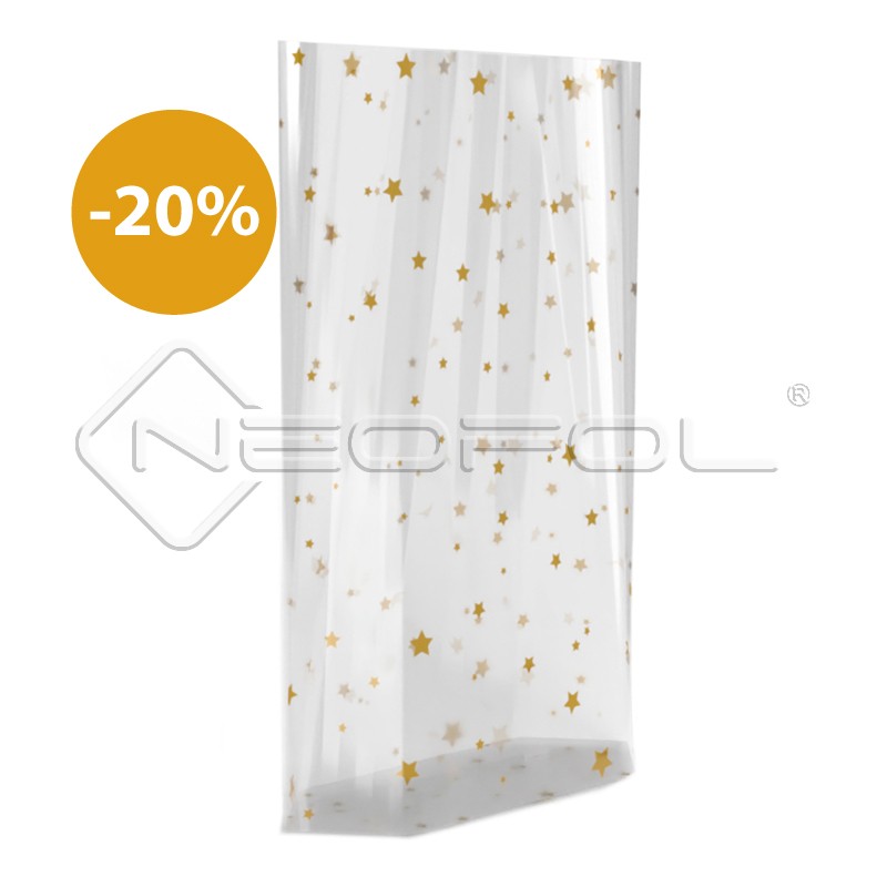 OPP-Kreuzbodenbeutel mit Sternenmotiv und Siegelnaht / hochtransparent / 95 x 160 mm