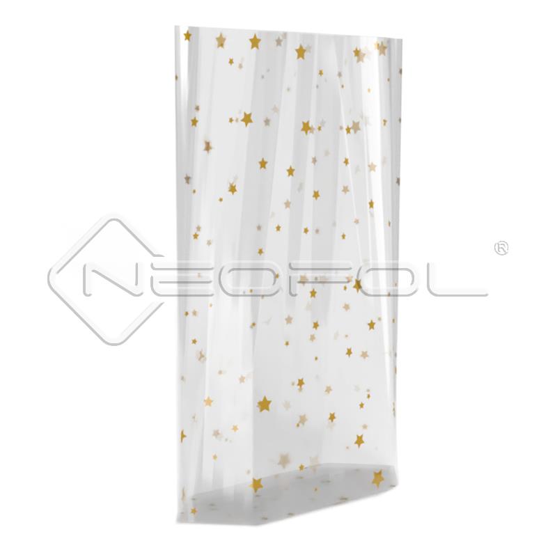 OPP-Kreuzbodenbeutel mit Sternenmotiv und Siegelnaht / hochtransparent / 180 x 300 mm OPP-Kreuzbodenbeutel mit Sternenmotiv und Siegelnaht / hochtransparent / 180 x 300 mm