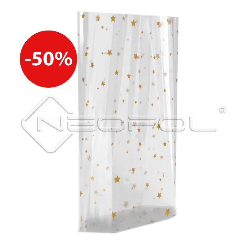 OPP-Kreuzbodenbeutel mit Sternenmotiv und Siegelnaht / hochtransparent / 180 x 300 mm