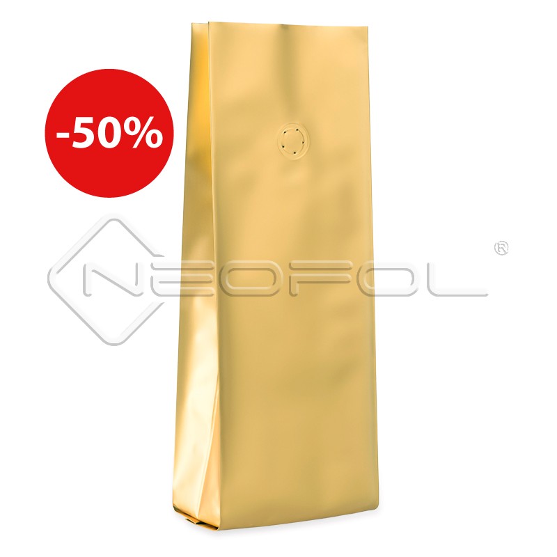 Seitenfaltenbeutel recyclebar mit Ventil / mattgold / 1000 g